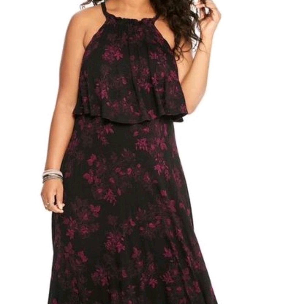 Floral Halter Maxi Dress - Black and Purple